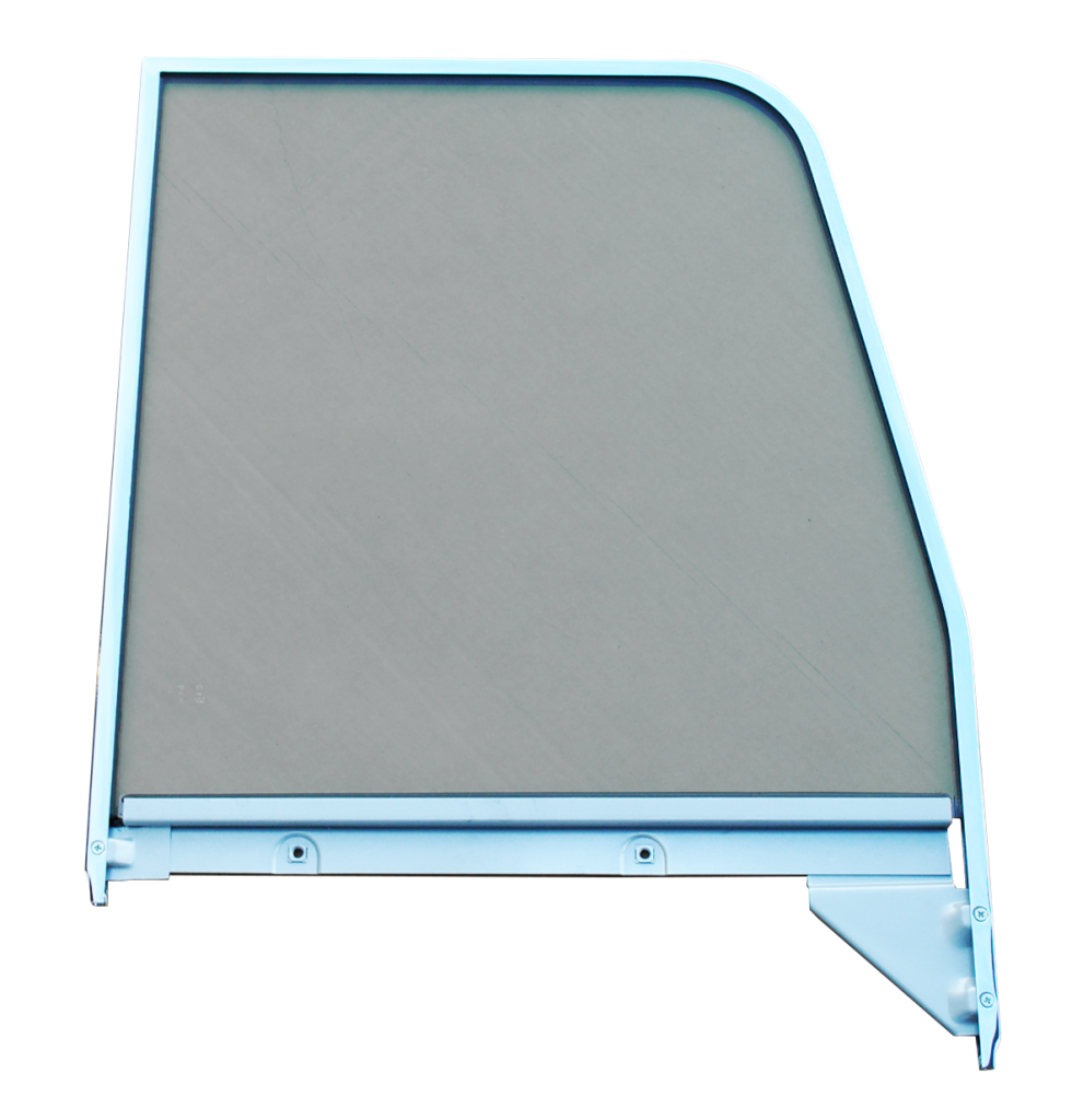 ’55’59 DOOR WINDOW GLASS (GREEN TINTED), W/CHROME TRIM, PASSENGER’S