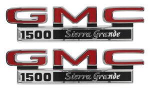 '71-'72 GMC Fender Side Emblem Pair with Fasteners - "GMC 1500 Sierra Grande"