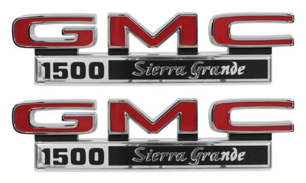'71-'72 GMC Fender Side Emblem Pair with Fasteners - "GMC 1500 Sierra Grande"