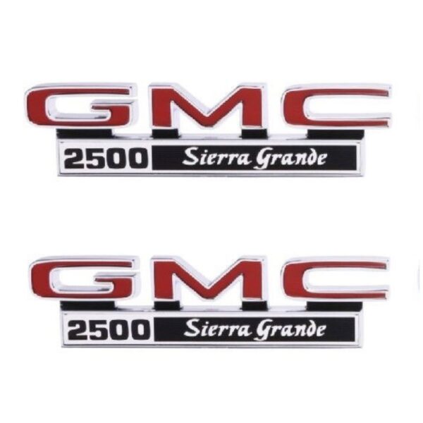 '71-'72 GMC Fender Side Emblem Pair with Fasteners - "GMC 2500 Sierra Grande"