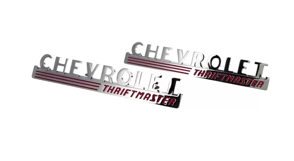 '47-'49 Chevrolet Hood Side Emblem Pair with Fasteners - "Chevrolet Thriftmaster"
