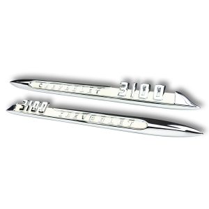 '55 Chevrolet Fender Side Emblem Pair with Fasteners - "Chevrolet 3100" Chrome with White Painted Details