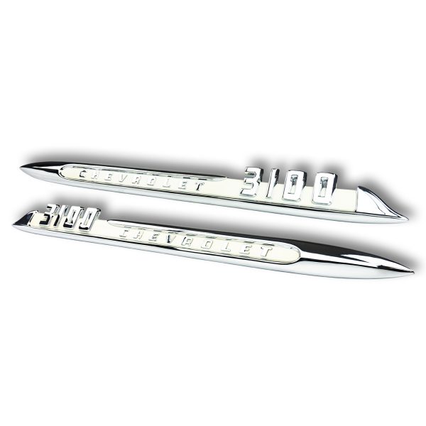 '55 Chevrolet Fender Side Emblem Pair with Fasteners - "Chevrolet 3100" Chrome with White Painted Details