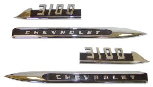 '56 Chevrolet Four Piece Fender Side Emblem Set with Fasteners - "Chevrolet 3100"