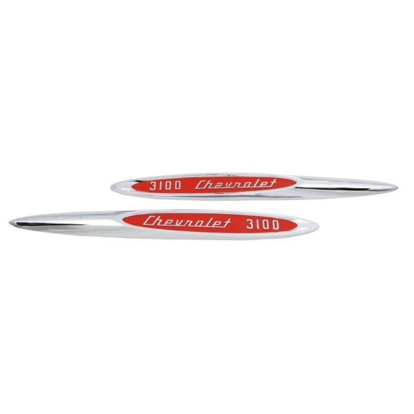 '57 Chevrolet Fender Side Emblem Pair with Fasteners - "Chevrolet 3100" Chrome with Red Painted Details