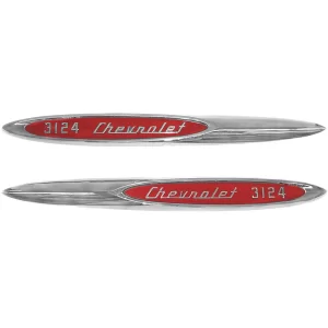 '57 Chevrolet Fender Side Emblem Pair with Fasteners - "Chevrolet 3124" Chrome with Red Painted Details Cameo