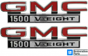 '68-72 GMC Fender Side Emblem Pair with Fasteners - "GMC 1500 V-Eight"