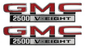 '68-'72 GMC Fender Side Emblem Pair with Fasteners - "GMC 2500 V-Eight"