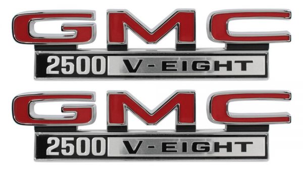 '68-'72 GMC Fender Side Emblem Pair with Fasteners - "GMC 2500 V-Eight"
