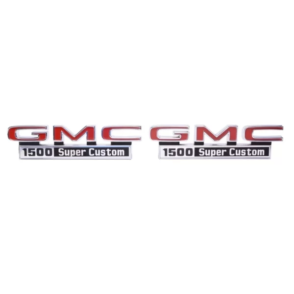 '71-'72 GMC Fender Side Emblem Pair with Fasteners - "GMC 1500 Super Custom"