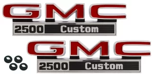 '71-'72 GMC Fender Side Emblem Pair with Fasteners - "GMC 2500 Custom"