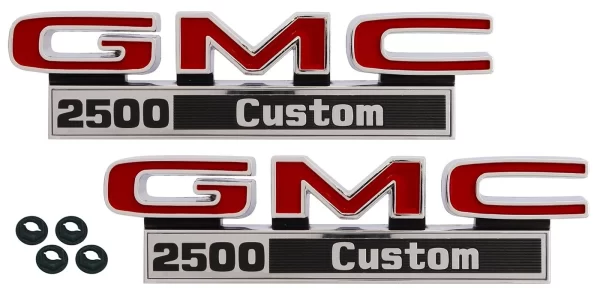 '71-'72 GMC Fender Side Emblem Pair with Fasteners - "GMC 2500 Custom"