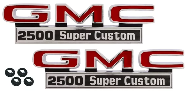 '71-'72 GMC Fender Side Emblem Pair with Fasteners - "GMC 2500 Super Custom"